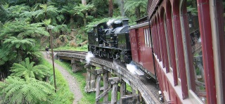 Puffing Billy crossing trestle bridge near Belgrave, Mount Dandenong, Victoria